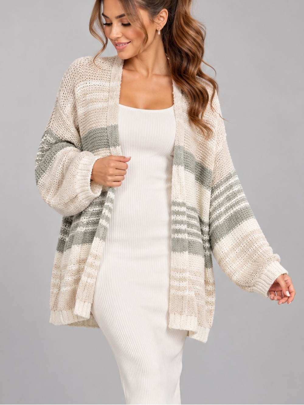 🆕🥝🥥Elan XL Cream Sage Green Striped Open Front Oversized Knit Cardigan Sweater